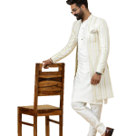 Alluring Pastel Thread Embroidered Off-White Open Sherwani with Kurta Pajama Set | Father Son Combo | Jaipurio Collection